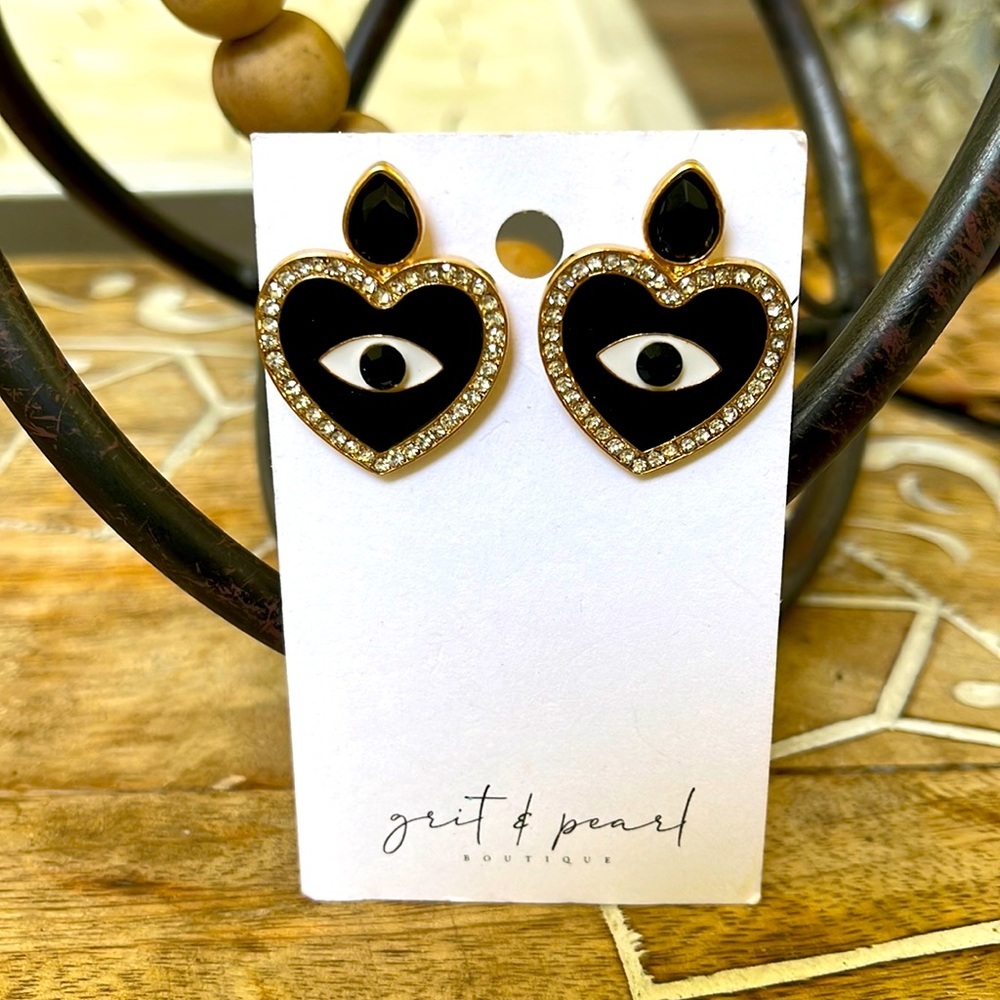 Black heart evil eye earrings